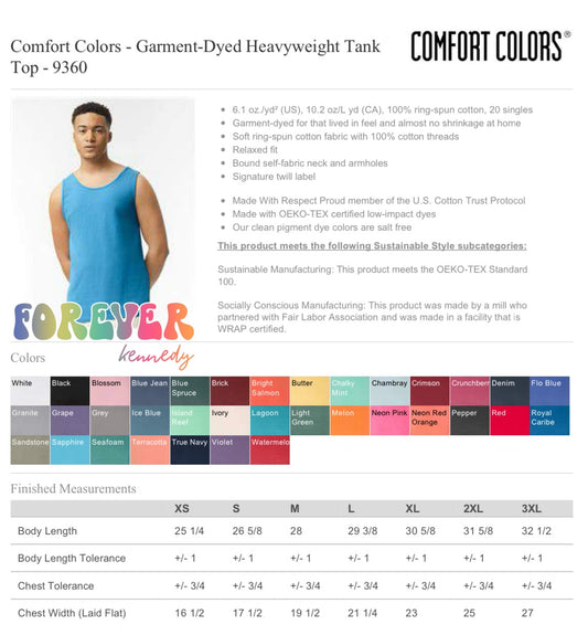 Size & Color Chart: COMFORT COLORS TANK TOP 9360