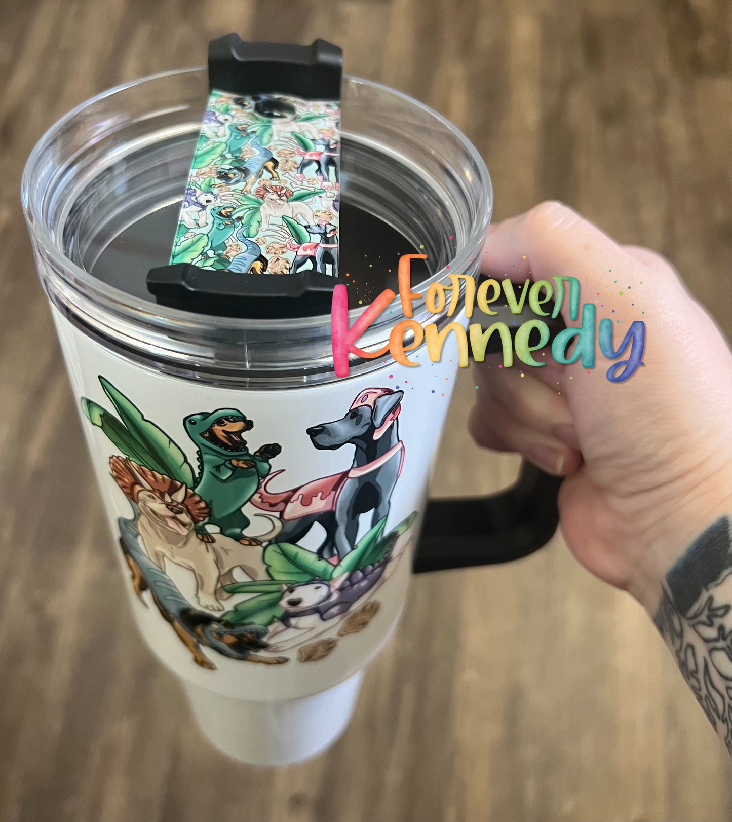 (MTO) 40oz Tumbler with handle: / Jurassic Bark Friends