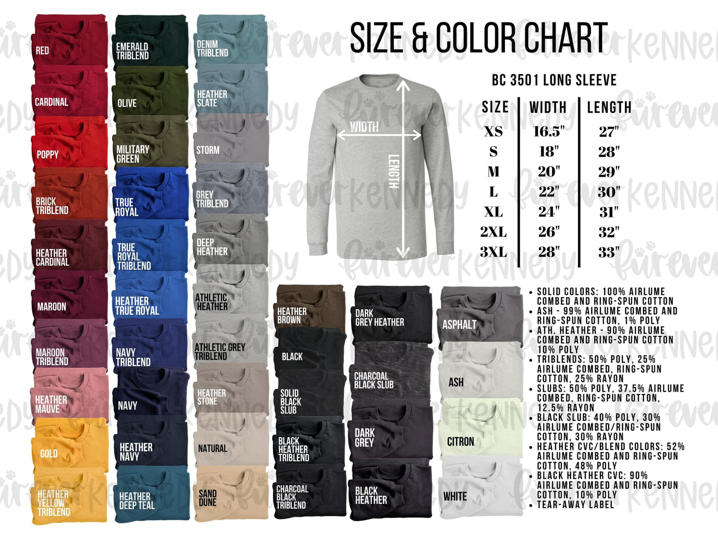 Size & Color Chart: LONG SLEEVE BC 3501