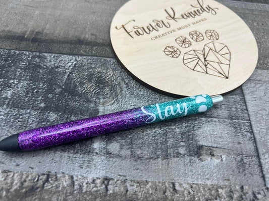 (PO) Epoxy Pen: Stay (Purple and teal ombre glitter with silver paw print semi colon)