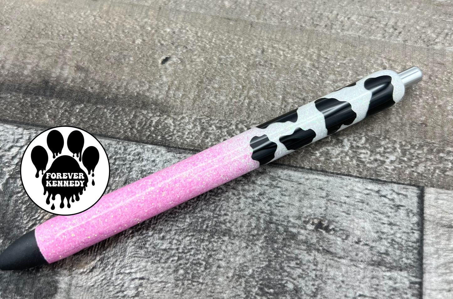 (PO) Epoxy Pen: Pink Glitter with Black Cow Prints