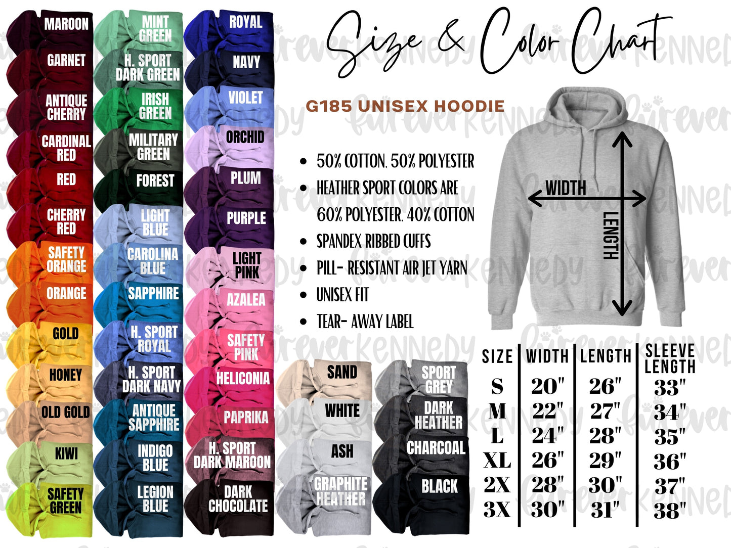 Size & Color Chart: HOODIE G185